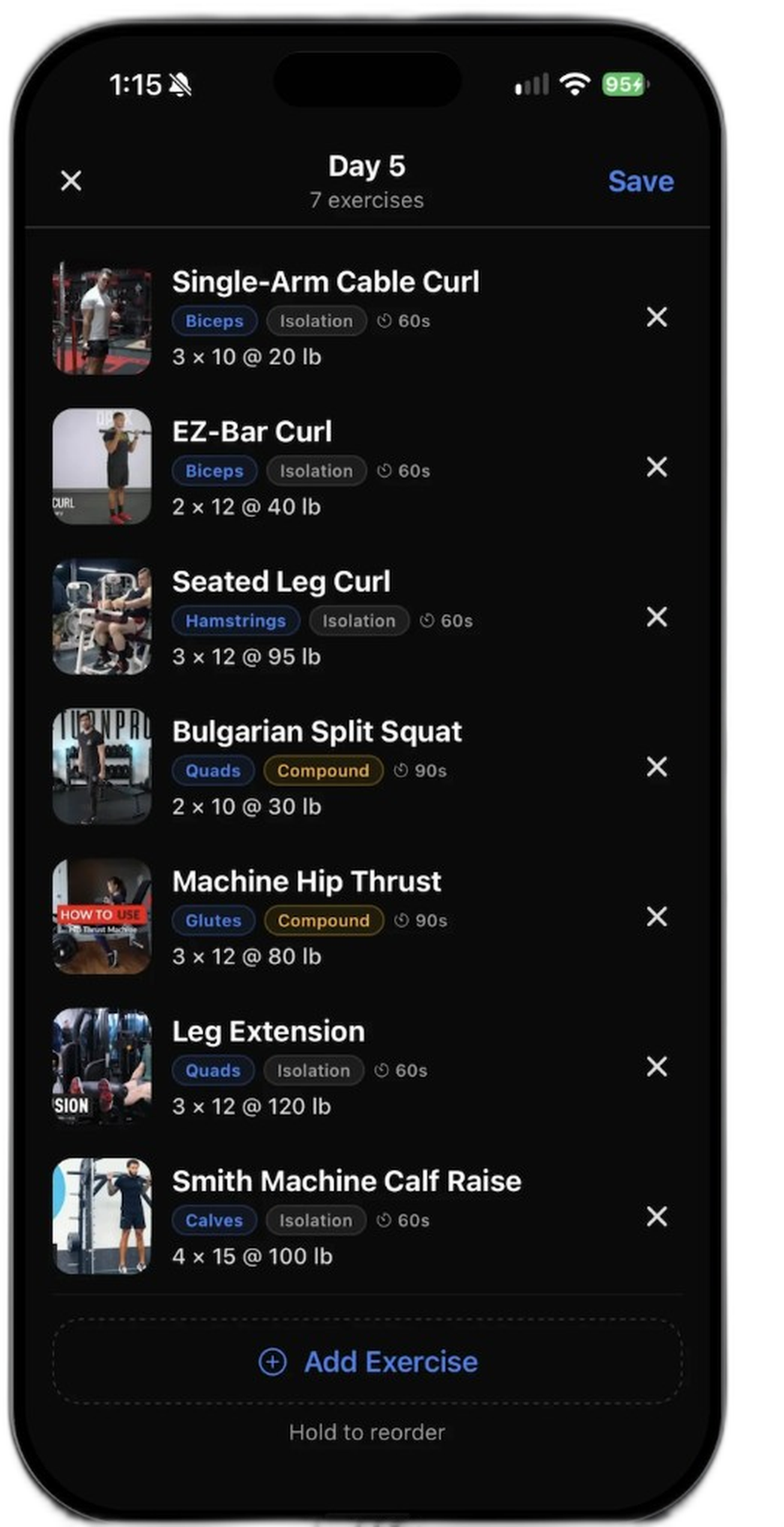 FitFort on iPhone — Day 5 workout editor